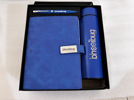 Customised Royal Blue Temperature Bottle, Magnet Flip Diary and Pen Set