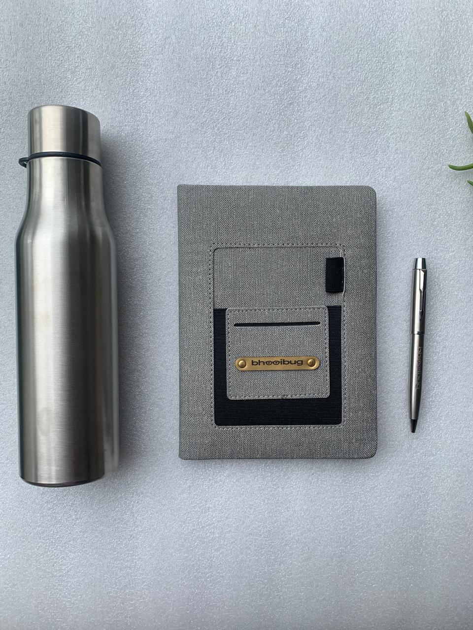 Silver Bottle, Fabric Diary and Pen Set