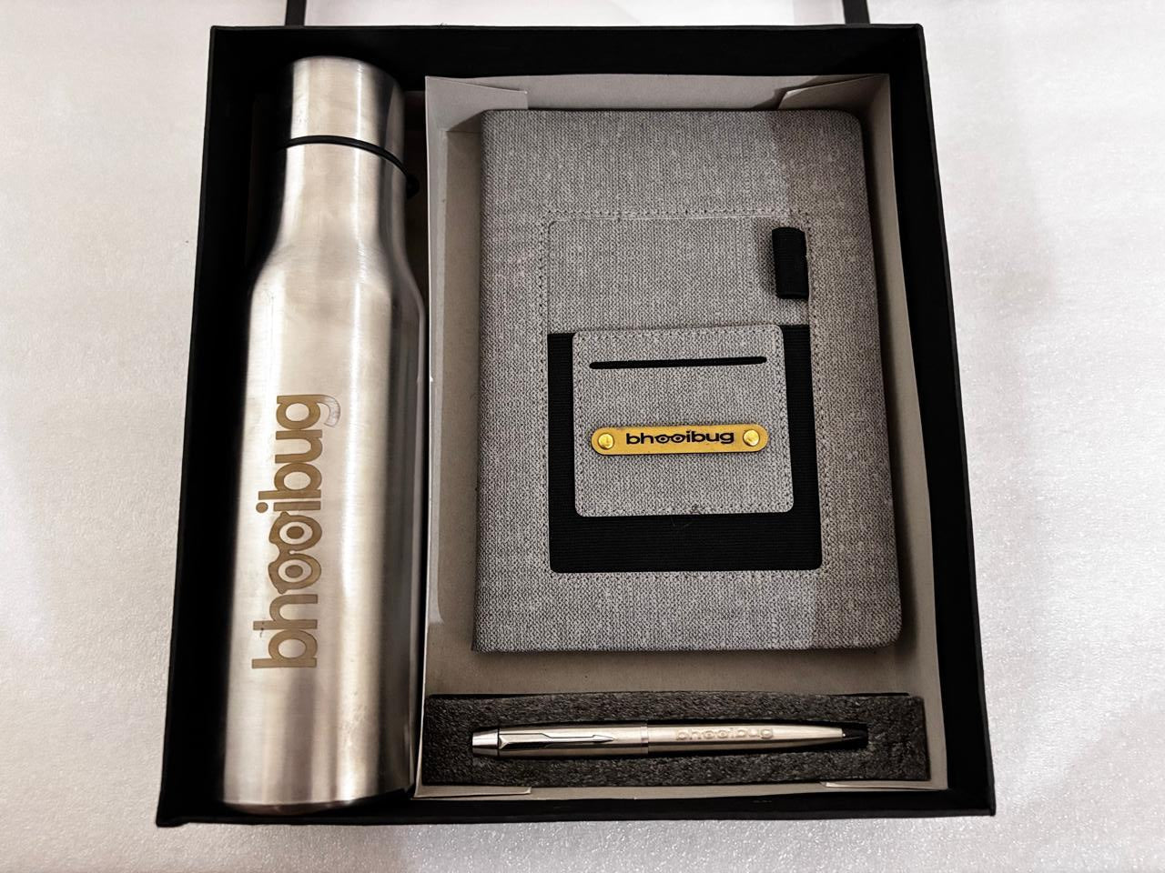 Silver Bottle, Fabric Diary and Pen Set