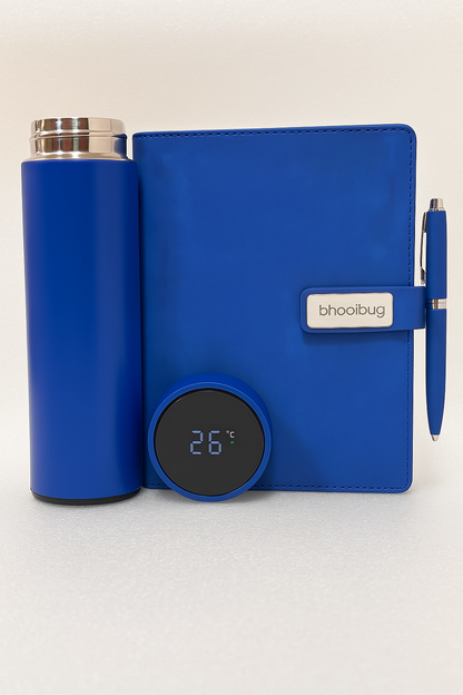 Customised Royal Blue Temperature Bottle, Magnet Flip Diary and Pen Set