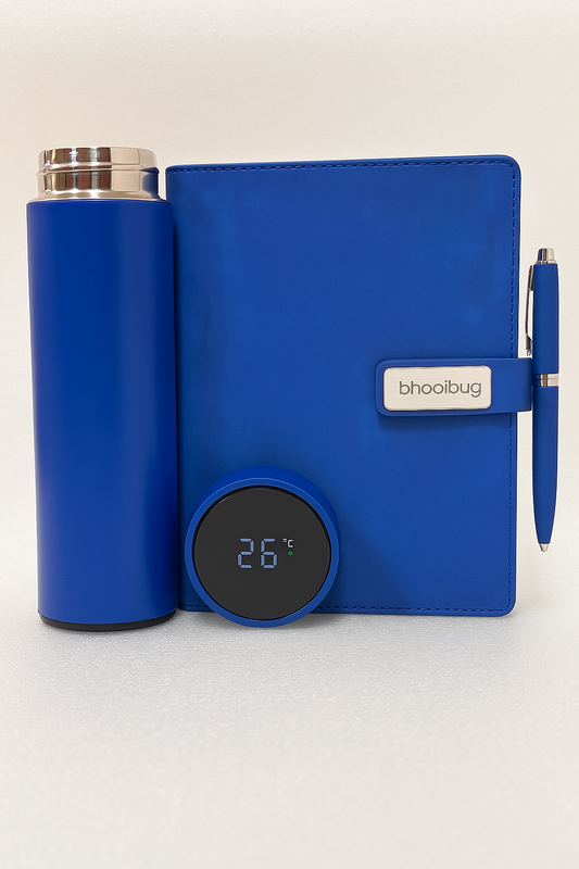 Customised Royal Blue Temperature Bottle, Magnet Flip Diary and Pen Set