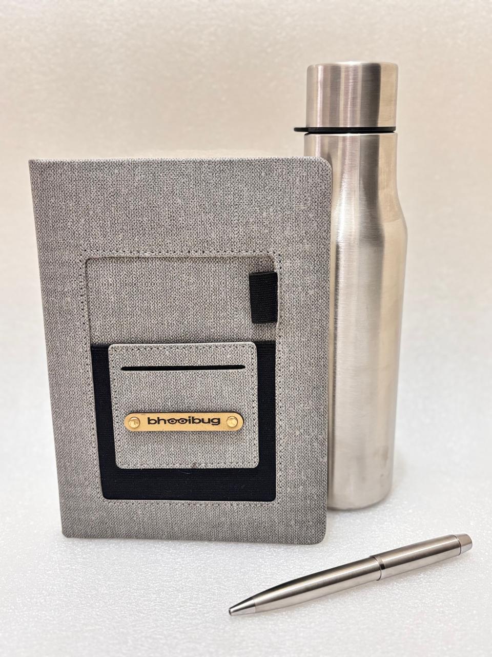 Silver Bottle, Fabric Diary and Pen Set