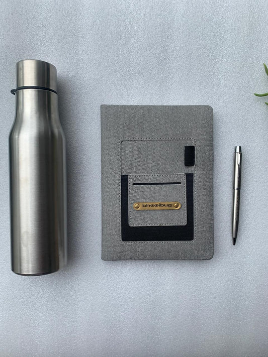 Silver Bottle, Fabric Diary and Pen Set